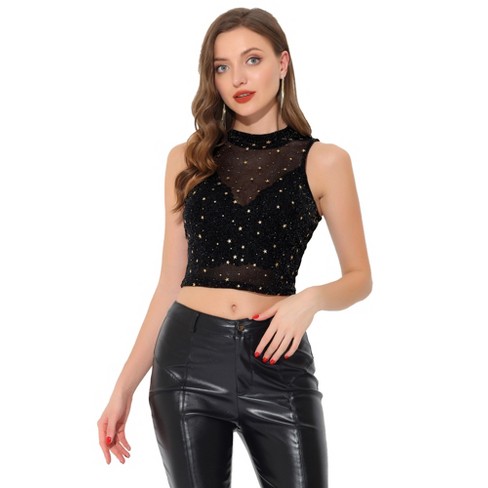 Allegra K Women's Metallic Star Mesh Mock Neck See-through Crop Top Black  Medium : Target