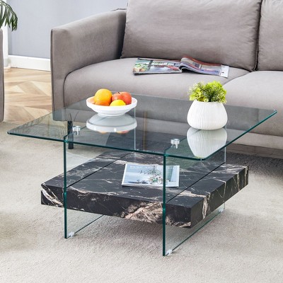 NicBex Modern 2-Tier Square Coffee Table with Storage, Clear Tempered Glass Top & Texture Open Shelf,Center Table for Living Room