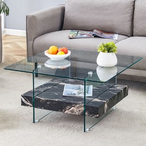 NicBex Modern 2-Tier Square Coffee Table with Storage, Clear Tempered Glass Top & Texture Open Shelf,Center Table for Living Room - 1 of 4
