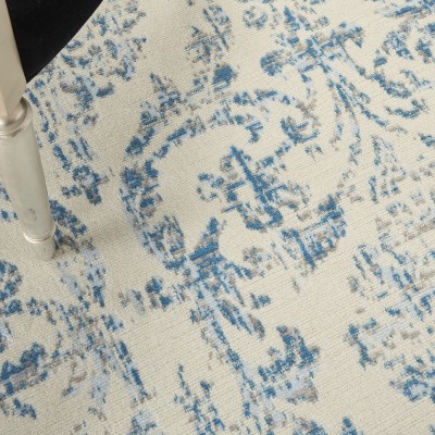 Ivory and Blue Damask Rectangular 6' x 9' Area Rug