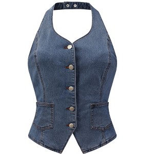 INSPIRE CHIC Women's Denim Halter Neck Button Down Backless Jean Vest - 1 of 4