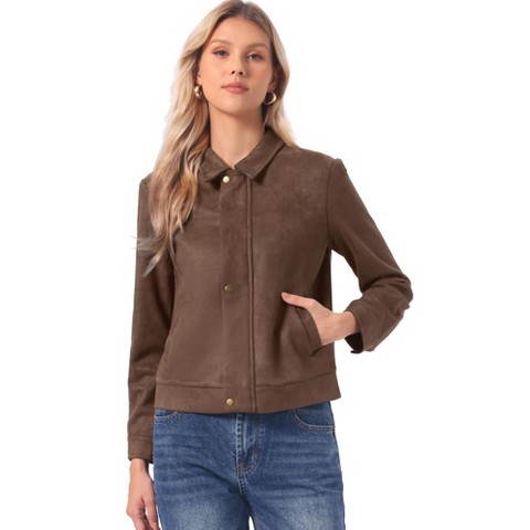 INSPIRE CHIC Women's Point Collar Long Sleeves Solid Business Casual Suede Jacket with Zipper and Pockets Medium Coffee
