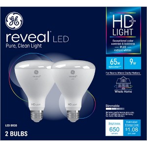 GE 2pk 65W Reveal HD+ BR30 LED Indoor Floodlights: Dimmable White Ceiling Light Bulbs, 2700K, 650 Lumens, E26 Base - 1 of 4