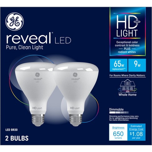 GE 2pk 65W Reveal HD+ BR30 LED Indoor Floodlights: Dimmable White Ceiling Light Bulbs, 2700K, 650 Lumens, E26 Base - image 1 of 4