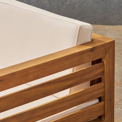 Beige Acacia Wood 3-Seater Sofa Set with Ottoman