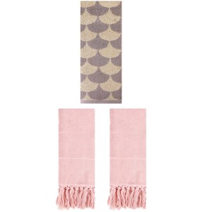 REGALWOVEN 3 Packs Geometric and Solid Absorbent Soft Cotton Hand Towel Set - 1 of 4