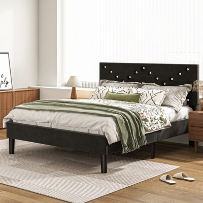 KTMBDW Platform Bed Frame with Fabric Upholstered Headboard and Wooden Slats Support, No Box Spring Needed/Easy Assembly, Black