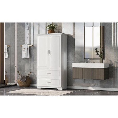 TIRAMISUBEST Tall Bathroom Storage Cabinet, Cabinet with Two Doors and Drawers, Adjustable Shelf, MDF Board, White