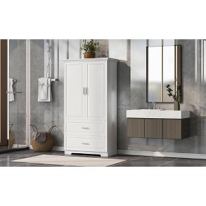 TIRAMISUBEST Tall Bathroom Storage Cabinet, Cabinet with Two Doors and Drawers, Adjustable Shelf, MDF Board, White - 1 of 4