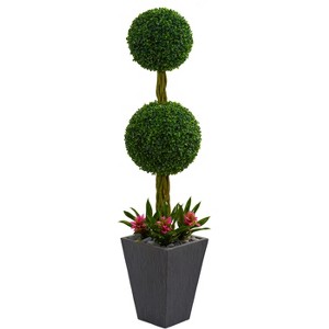 Nearly Natural 5-ft Double Boxwood Ball Topiary Artificial Tree in Slate Planter UV Resistant (Indoor/Outdoor) - 1 of 2