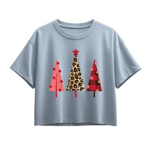 Girls' - Instant Message - Leopard Print Christmas Trees Short Sleeve Boxy Graphic T-Shirt - 1 of 2