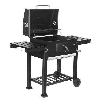 SKONYON Charcoal Grill Outdoor BBQ Grill with 2 Side Shelves, Wheels Black