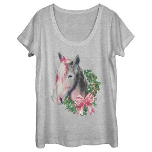 Women's Lost Gods Christmas Wreath Horse Scoop Neck - 1 of 4