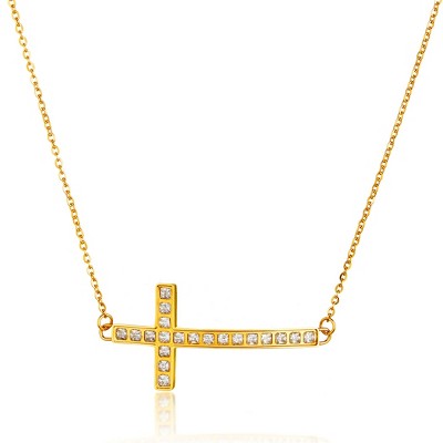 ELYA Women's Crystal Sideways Cross Gold Plated Steel Necklace - 18"