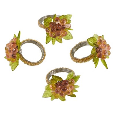 Amber Beaded Flower and Leaves Napkin Ring Set of 4
