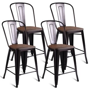Costway Copper Set of 4 Metal Wood Counter Stool Kitchen Dining Bar Chairs Rustic Full Back - 1 of 4