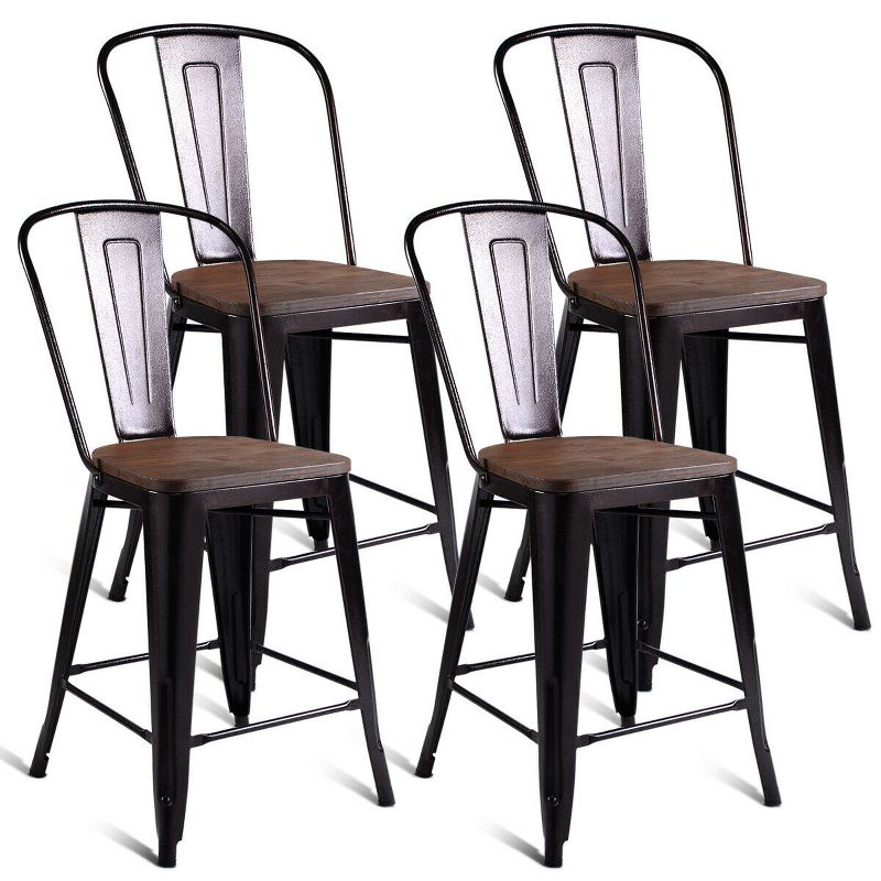 Costway Copper Set of 4 Metal Wood Counter Stool Kitchen Dining Bar Chairs Rustic Full Back, 1 of 11