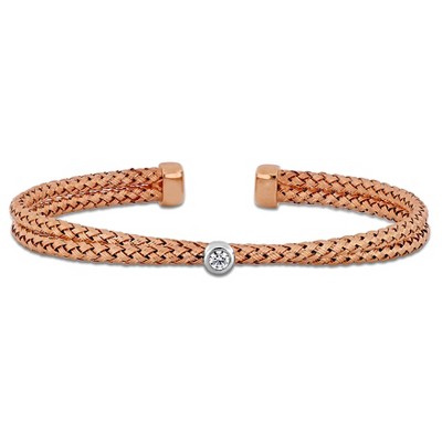 EVERLY JEWELRY | Two-Tone Silver  0.02 CT TGW 1 Station Cubic Zirconia 2-Row 5.5mm Wide Stretch Braided Bangle