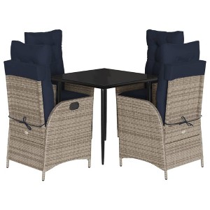 vidaXL 5-Piece Patio Dining/Lounging Set - Gray Poly Rattan with Navy Cushions, Adjustable Reclining Chairs, Tempered Glass Top Table - 1 of 4
