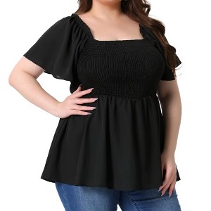 Agnes Orinda Women's Plus Size Square Neck Short Sleeve Ruffle Hem Shirred Casual Blouse - 1 of 4