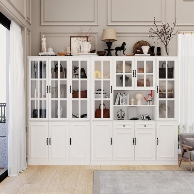 FUFU&GAGA 110.2"W Tempered Glass Door Large Modular Storage Cabinet Display Cabinet Bookshelf White