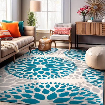 Blossom Bliss 39" Blue Floral Synthetic Easy-Care Area Rug