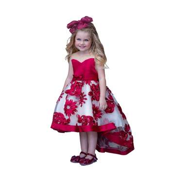 Girls Sheer Collar Red Embroidered Hi-Lo Dress - Mia Belle Girls