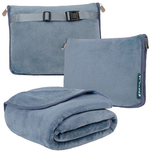 PAVILIA Travel Blanket and Pillow Set, Airplane Blanket Compact 2-in-1 Soft  Bag, Travel Essentials for Adult Flight, Portable Throw with Arm Hole,  Plane Car Traveling Gift Accessories, Blue 