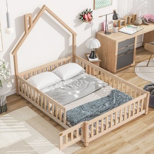 Nicbex Twin/Full House-Shaped Headboard Floor Bed with Fence and Door,Sturdy Wood Twin Montessori Floor Bed with Safety Guardrails for Toddlers - 1 of 4