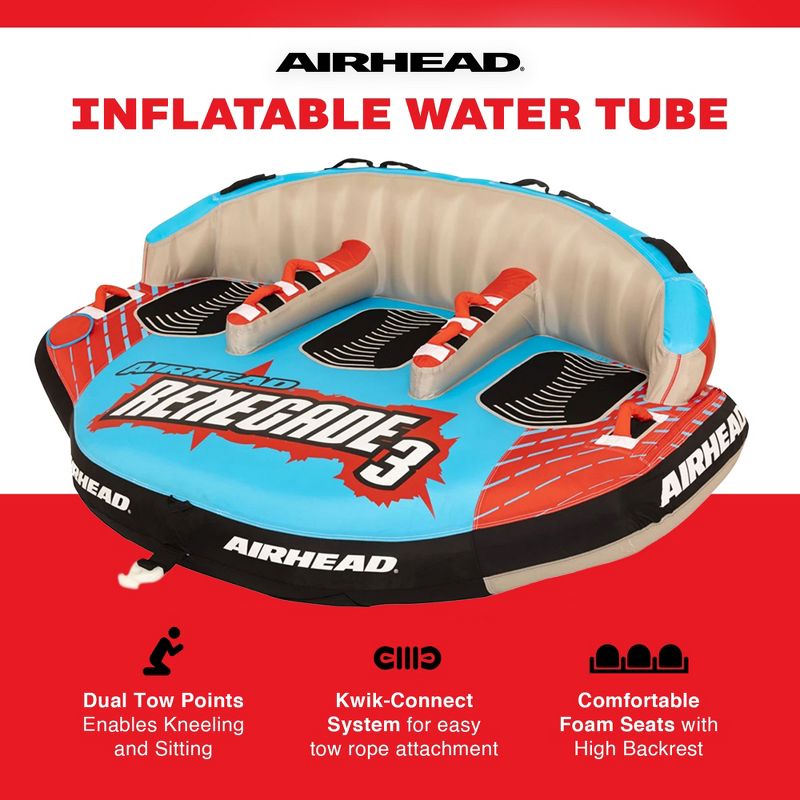 Airhead 3-Person Renegade Inflatable Towable Water Tube Seat Rider with Boat Pull Rope and Pump (AHRE-503), 4 of 7