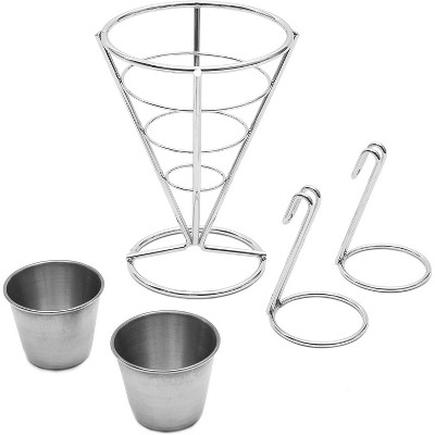 2-Pack Stainless Steel French Fries Stand Cone Basket Holder Rack with 2 Sauce Dip Dishes for Finger Food Appetizers, Silver