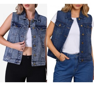 INSPIRE CHIC Women's Sleeveless Turndown Collar Button Down Chest Flap Pockets Washed Denim Vest 2 Packs - 1 of 4