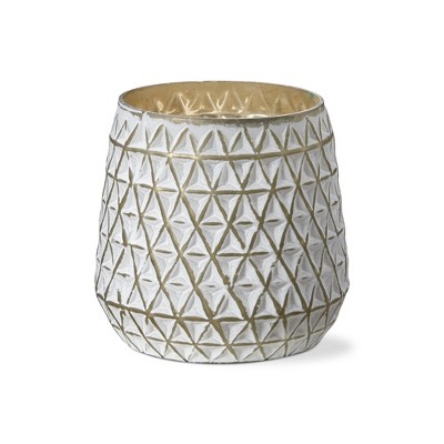 tag Cara Geometric White Glass Pillar Candle Holder, 4.7L x 4.7W x 5.1H