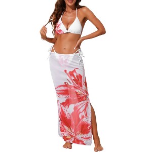 INSPIRE CHIC Women's Floral Halter Triangle Long Sheer Cover Up Skirt Swimwear Bikini Sets 3 Pieces - 1 of 4