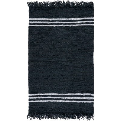 Handmade Black and Ivory Cowhide Leather Striped Area Rug, 5' x 8'