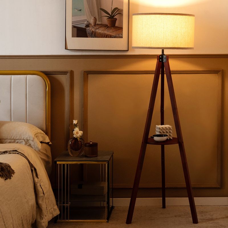 Tangkula Tripod Floor Lamp Wood Standing Lamp w/ Flaxen Lamp Shade and E26 Lamp Base, 5 of 11