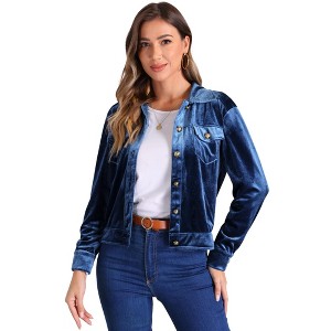 Allegra K Women's Velvet Button Up Long Sleeve Crop Jacket - 1 of 4