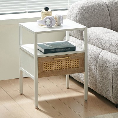 Rattan Nightstand, 15.75" Rattan End Table, Cane End Table with Drawer, Rattan Wood End Side Accent Table Nightstand with Solid Wood Legs white