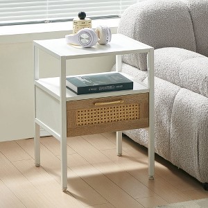 Rattan Nightstand, 15.75" Rattan End Table, Cane End Table with Drawer, Rattan Wood End Side Accent Table Nightstand with Solid Wood Legs white - 1 of 4