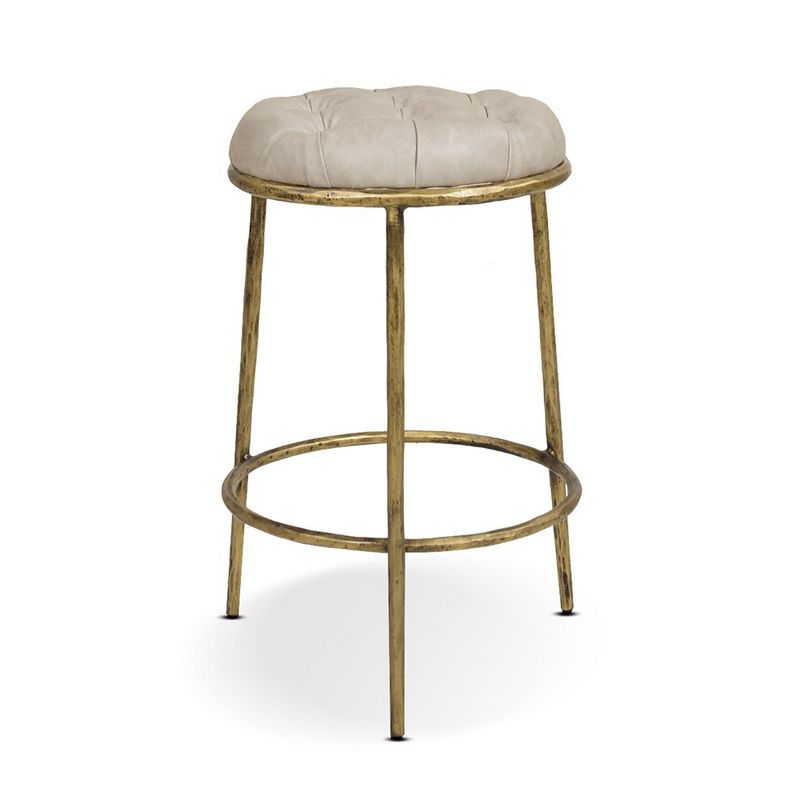 Jennifer Taylor Home Aerin 26 inch Hammered Brass Backless Round Bar Stool, Warm Gray Faux Leather, 1 of 4