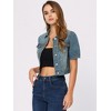 Allegra K Women's Casual Point Collar Button Down Puff Sleeve Crop Denim Jackets - 2 of 4