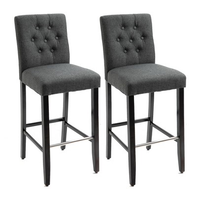HOMCOM 2 Piece Barstools Linen Upholstered Breakfast Stools with Back, Footrest, ,Armless Seat for Kichen Dining Room,Solid Wood Leg, Gray