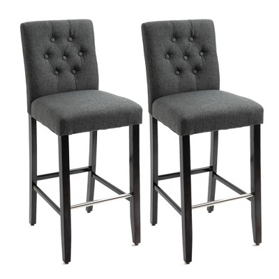 HOMCOM 2 Piece Barstools Linen Upholstered Breakfast Stools with Back Footrest Armless Seat for Kichen Dining RoomSolid Wood Leg Grey