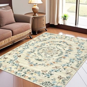 Modern Insect Botanical Pattern Area Rug Floral Print Rug Non-Slip Low Pile Soft Accent Carpet for Living Room Bedroom - 1 of 4