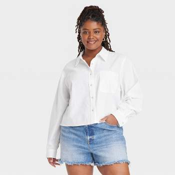 Women's Long Sleeve Button-Down Cropped Shirt - Universal Thread™ White 4X