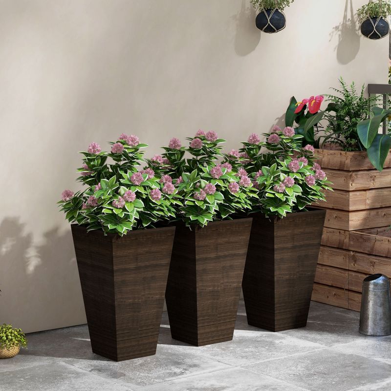 Outsunny 28" Tall Outdoor Planters, Set of 3 Large Taper Planters with Drainage Holes and Plug, Faux Wood Plastic Flower Pots, Brown, 2 of 7