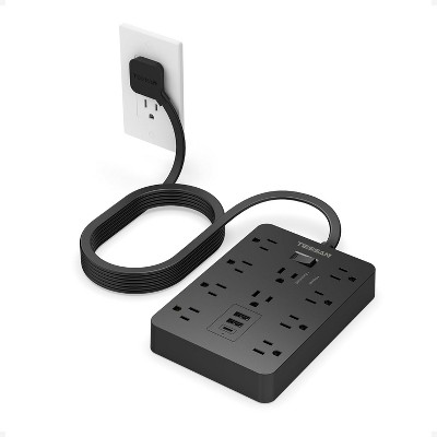 Surge Protector Power Strip Black, Flat Plug Extension Cord 10 FT with 3 USB(1 USB C), 1700J Protection Multi Plug Charging Station for Home, Office