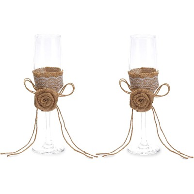 Sparkle and Bash 2 Pack Champagne Flutes Glasses with Jute Flower for Rustic Wedding 2.5 x 8.4 In