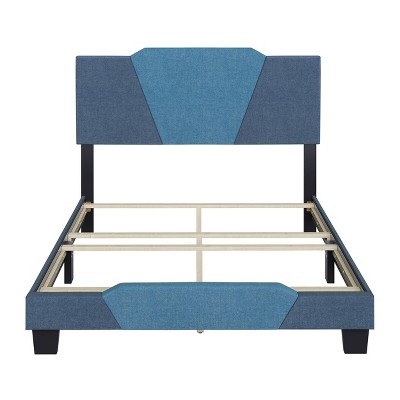 Queen Blue Upholstered Wood Frame Bed with Linen Headboard