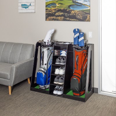 Black Wooden Double Golf Bag Organizer with Storage Shelves